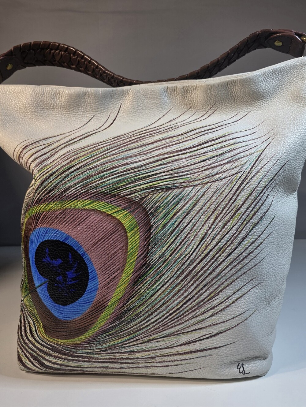 Elliott Lucca Large Cream Leather Handbag Hand Painted Peacock Feather Signed